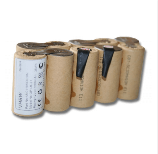 Een cluster van cilindervormige 3000mAh Ni-MH cellen, in bruin gewikkeld met recyclingsymbolen, dient als Vervangende Grasmaaier Accu voor Gardena 12V Ni-MH-compatibel met Gardena Accu System V12 en AP12 tuingereedschap.