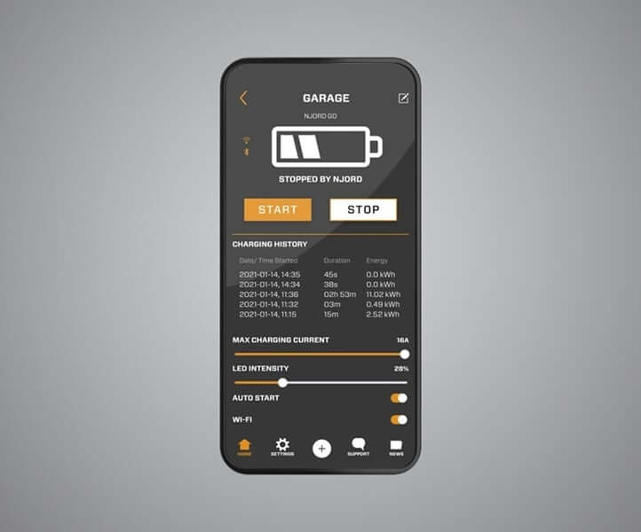 Een smartphone toont de app-interface van de CTEK NJORD GO 3x16A 11kW thuislader, met op een grijze achtergrond de laadstatus, het accupictogram, START/STOP-knoppen, geschiedenis, maximale stroom voor 11kW opladen, LED-intensiteit, automatische start en Wi-Fi-opties.