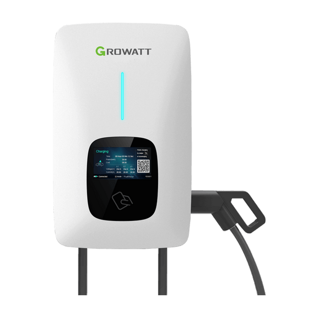 De Laadpaal Growatt THOR 11kW/22kW Wifi RFID 4G is een EV-laadstation voor aan de muur met een digitaal display en geïntegreerde kabel voor efficiënt, slim opladen thuis of op het werk.