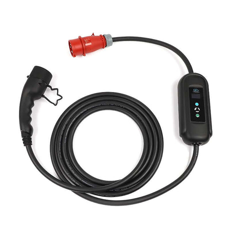 De Thuislader stopcontact type 2 3-fase 8A-16A 5,5kW-11kW voor elektrische auto is een zwarte laadkabel met regelkast, rode industriële stekker en type 2 connector - perfect als krachtstroomlader voor je EV.