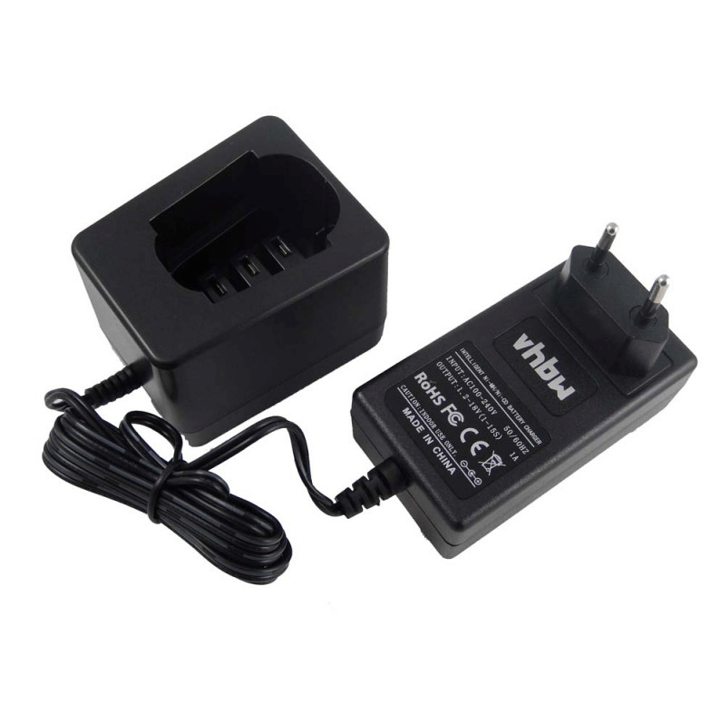 De zwarte vhbw universele vervangende acculader voor Metabo 1.2V-18V Ni-CD & Ni-MH accu's (o.a. 6.31728, 6.31746, ME974) heeft een Europese stekker, docking slot en duidelijk gespecificeerde keurmerken op het oppervlak.