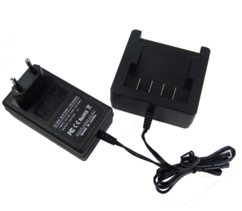 Een zwarte vervangende acculader voor Greenworks 24V Li-Ion lader, compatibel met GL0761020718 en accu's 29807/29842, met Europese stekker en laadstation, ook geschikt voor Stiga & Alpina 24V tuingereedschap.