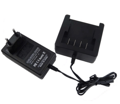 Een zwarte vervangende acculader voor Greenworks 24V Li-Ion lader, compatibel met GL0761020718 en accu's 29807/29842, met Europese stekker en laadstation, ook geschikt voor Stiga & Alpina 24V tuingereedschap.