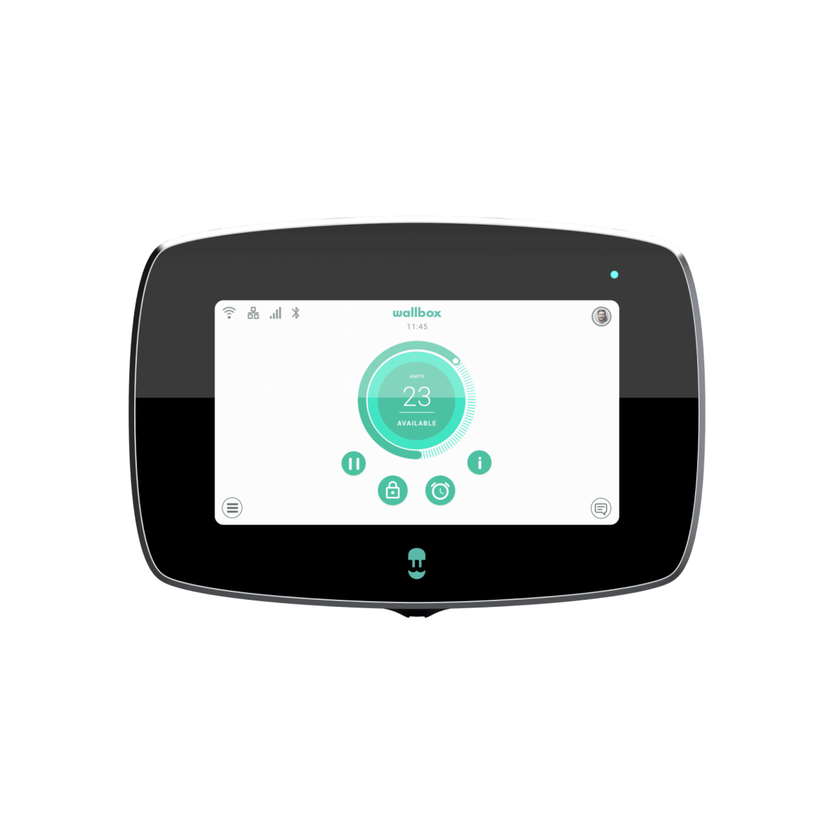Een strak zwart touchscreen toont de Wallbox interface met een cirkelvormige afbeelding van 23 laders en bedieningselementen, met de Wallbox Commander 2: de laadpaal voor elke EV met type 2 aansluiting, tegen een zwarte achtergrond.