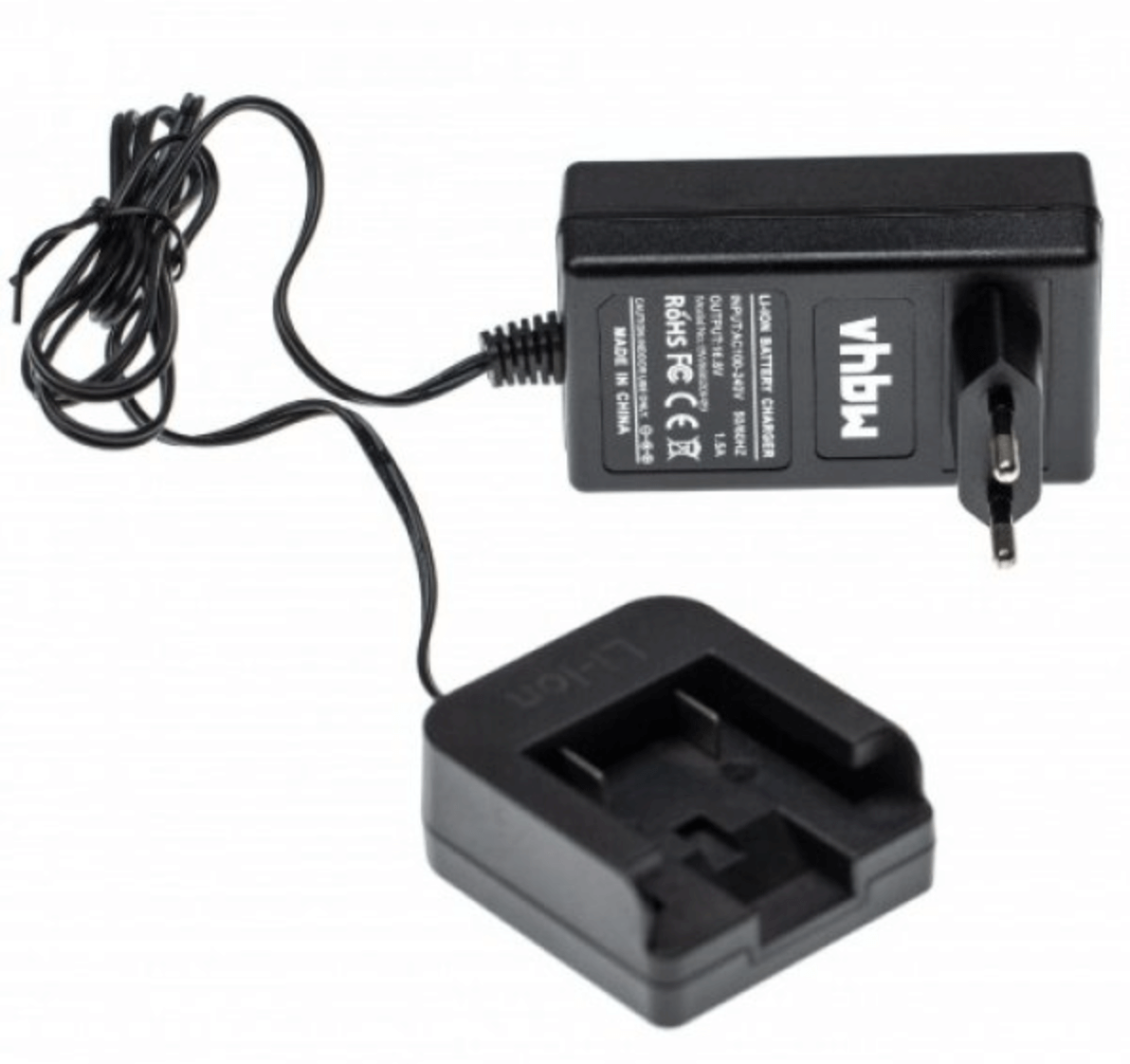 Een zwarte vervangende acculader voor DeWalt 14,4V Li-Ion met bedrade stekker en apart dock met een accusleuf voor DCB140, DCB140-XJ, DCB143, DCB145 accu's; beide afgebeeld op een witte achtergrond.