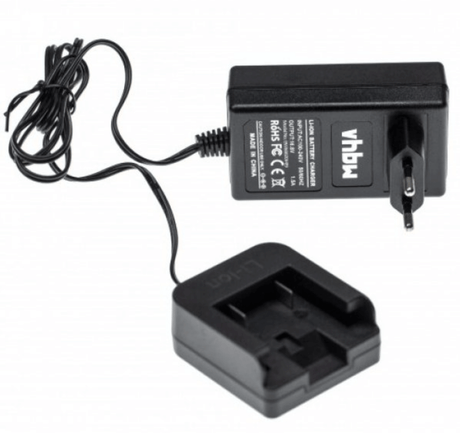 Een zwarte vervangende acculader voor DeWalt 14,4V Li-Ion met bedrade stekker en apart dock met een accusleuf voor DCB140, DCB140-XJ, DCB143, DCB145 accu's; beide afgebeeld op een witte achtergrond.