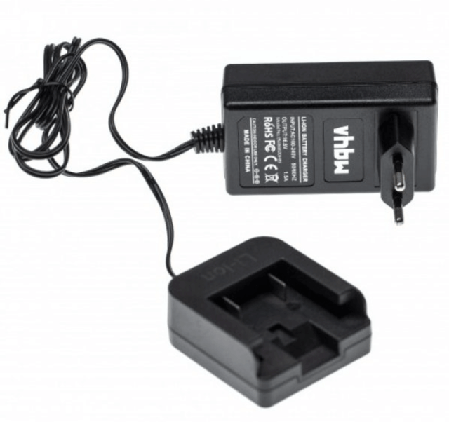 Een zwarte vervangende acculader voor DeWalt 14,4V Li-Ion met bedrade stekker en apart dock met een accusleuf voor DCB140, DCB140-XJ, DCB143, DCB145 accu's; beide afgebeeld op een witte achtergrond.