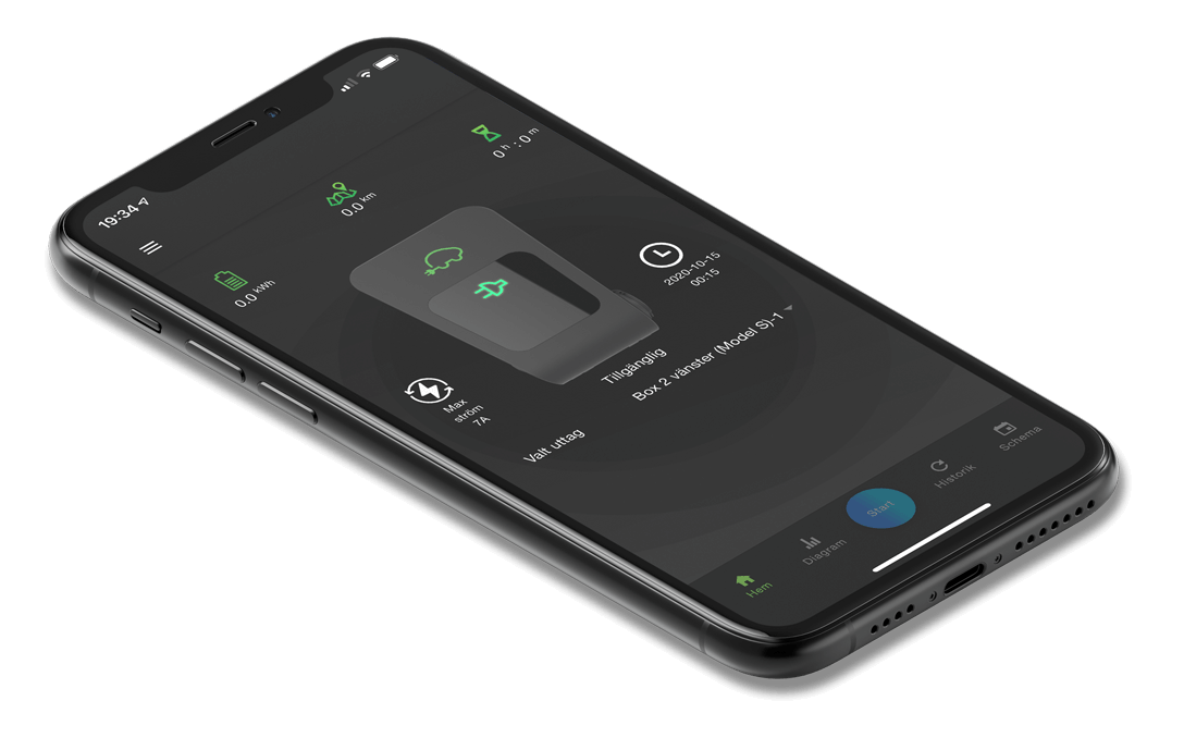 Een smartphone toont de CTEK Chargestorm Connected 2 11kW/22kW laadpaal-app met laadniveau, snelheid, tijd, een visuele weergave van de aangesloten laadpaal en RFID-verificatie voor veilige toegang tot uw elektrische auto-oplader.