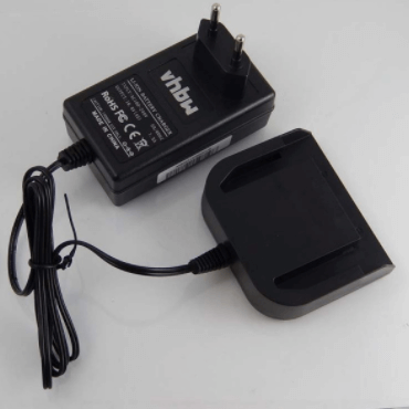 Een zwarte Vervangende Acculader voor AEG 18V Li-Ion met netsnoer en EU-stekker is afgebeeld naast de compatibele oplaadbasis voor L1815R, L1830R, B1814G accu's op een witte achtergrond. Geschikt voor AEG Pro Lithium-Ion & G-serie gereedschap.