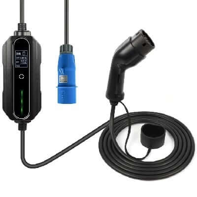 De Thuislader stopcontact type 2 1-fase 32A 7,2kW voor elektrische auto wordt getoond: een zwarte EV-laadkabel met bedieningskastje, blauwe Type 2-stekker en zwarte connector op een witte achtergrond.