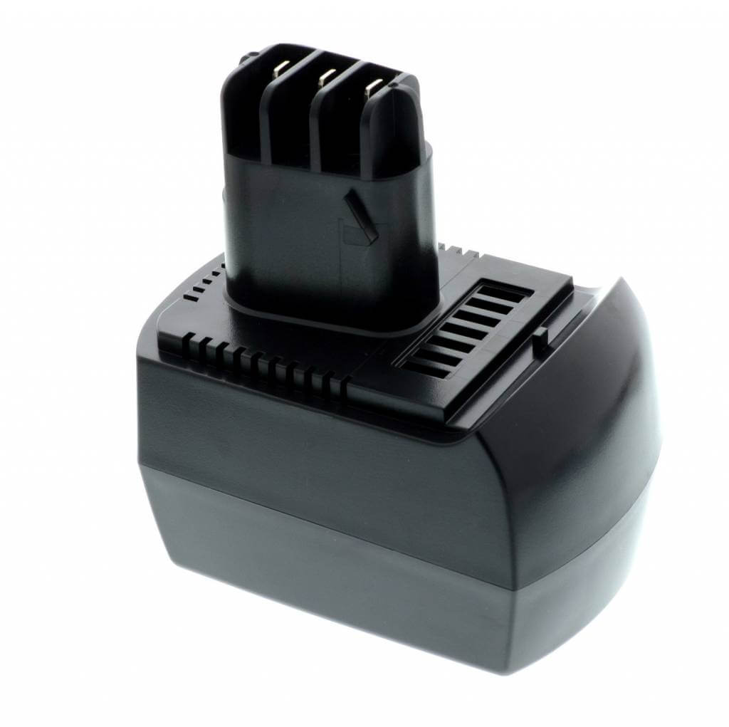 Accu voor Metabo 12V gereedschap - vervangt 6.25479, 6.25480, 6.25443 en geschikt voor o.a. 6.02150, 6.02151; zwart, oplaadbaar accupack met meerdere connectoren voor powertools, gepresenteerd tegen witte achtergrond.
