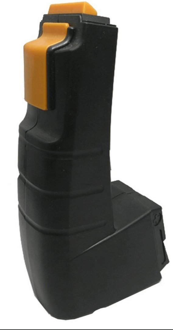 Een zwart met oranje Accu voor Festool Gereedschap 12V Ni-MH accu, staand op een witte achtergrond-ideaal als hoge capaciteit vervangende accu, compatibel met BP12C, BPH12C, 488844 en 489825 voor Festool 12V systeem.