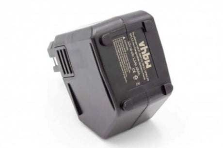 Een zwarte vhbw Hilti 12V Ni-MH vervangende accu compatibel met SBP12, SBP10, SFB105, SFB125 voor SF120-A en SFL12 gereedschap wordt onder een hoek getoond op een witte achtergrond; label toont specificaties en certificeringen.