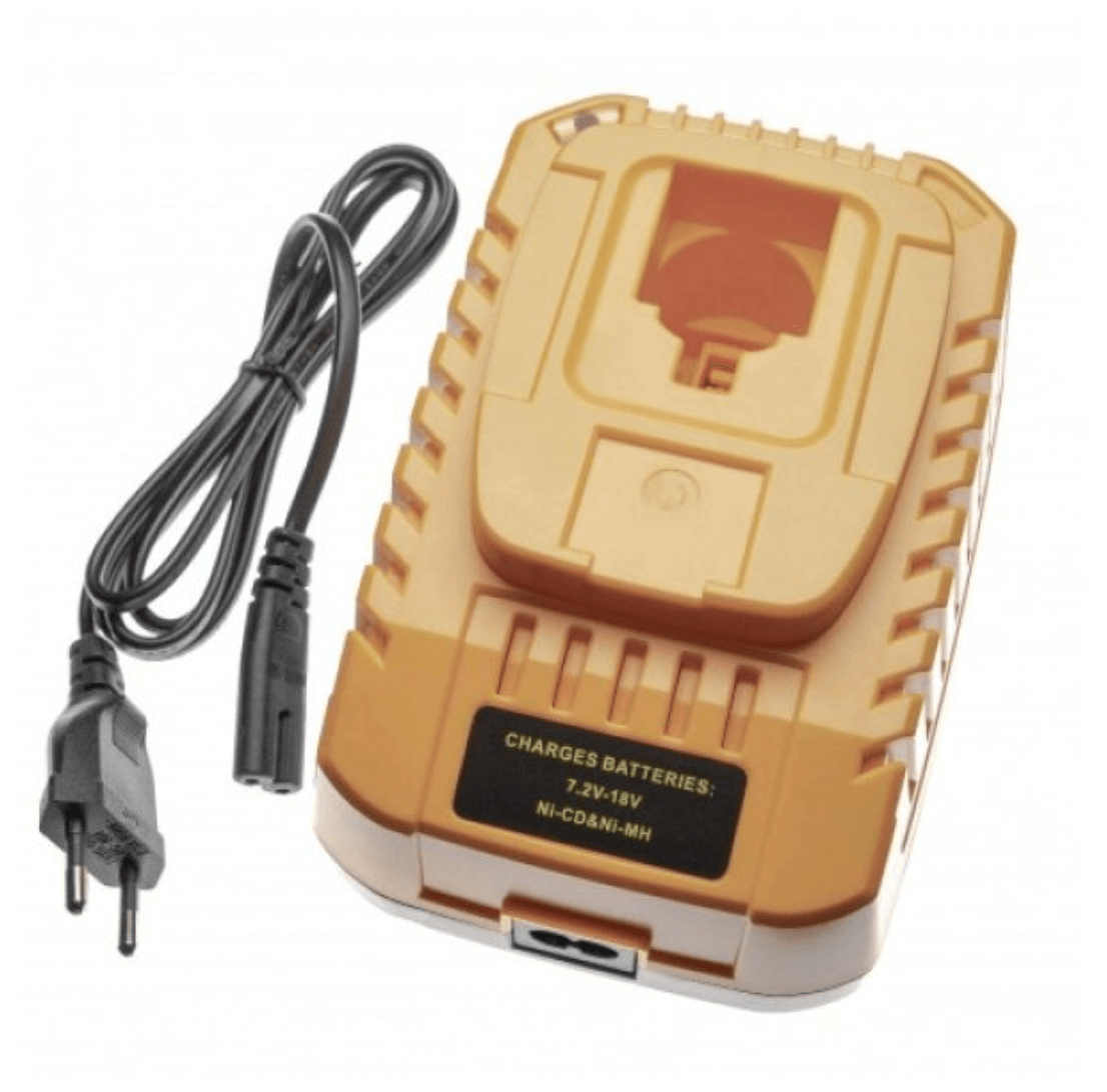 Tan vervangende acculader met afneembare zwarte kabel en EU-stekker. Geschikt voor 7,2V-18V Ni-CD & Ni-MH accu's van Dewalt, vervangt DC9310 en werkt met DC9096, DC9091 accu's; ideaal als Dewalt lader vervanging.