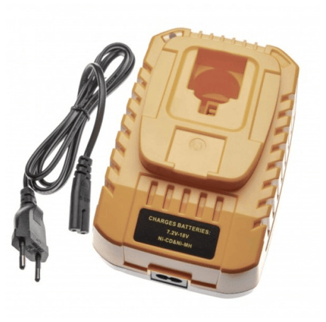 Tan vervangende acculader met afneembare zwarte kabel en EU-stekker. Geschikt voor 7,2V-18V Ni-CD & Ni-MH accu's van Dewalt, vervangt DC9310 en werkt met DC9096, DC9091 accu's; ideaal als Dewalt lader vervanging.