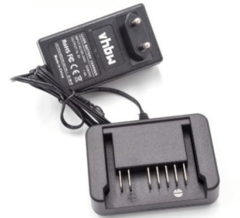 A black Vervangende Acculader voor Hitachi 18V Li-Ion, compatibel met 330139, BSL 1815X, BSL 1830 accu's en geschikt voor Hitachi DS, DV, WH gereedschap en HiKOKI 18V; met voeding en metalen laadpinnen.