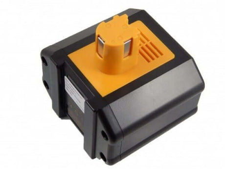 Een rechthoekige zwart met gele Panasonic 24V Ni-MH Accu Vervanging lader, compatibel met EY9210, EY9210B, EY9116B accu voor Panasonic EY7810, EY7950 gereedschap, getoond onder een hoek op een witte achtergrond.