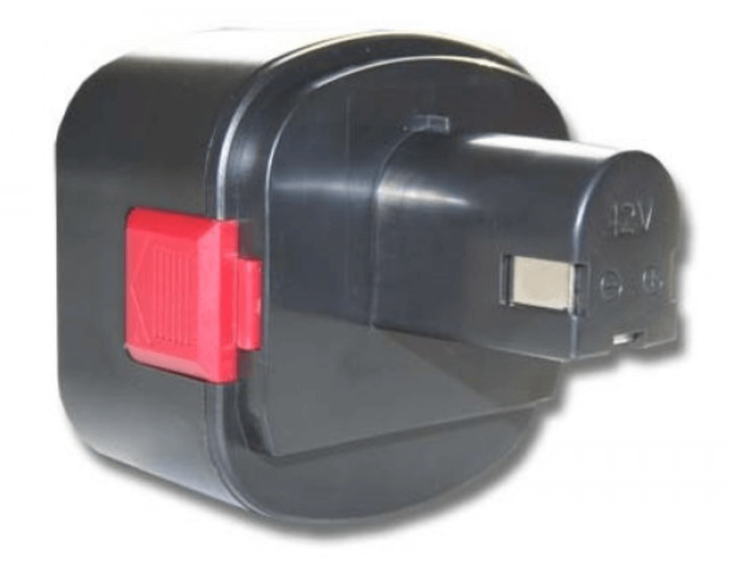 Een zwarte Vervangende Accu voor Lincoln 12V met rode releaseknop en Ni-MH-cellen, compatibel met Lincoln PowerLuber vetspuit (1201, LIN-1201, 218-787), wordt getoond op een witte achtergrond.