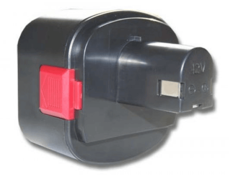 Een zwarte Vervangende Accu voor Lincoln 12V met rode releaseknop en Ni-MH-cellen, compatibel met Lincoln PowerLuber vetspuit (1201, LIN-1201, 218-787), wordt getoond op een witte achtergrond.