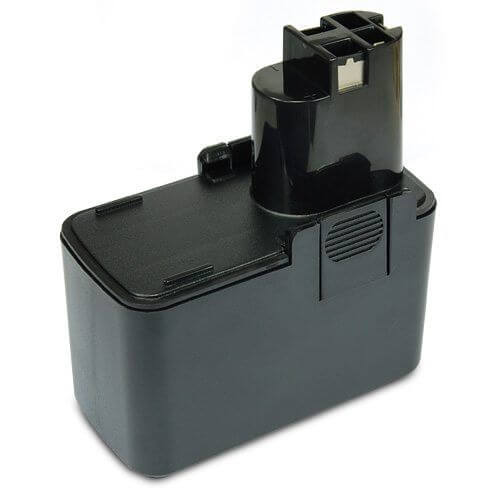 De Bosch 12V Ni-MH accu - vervangt BAT011, 2 607 335 055, 2 607 335 071, 2 607 335 250, en 2607335090 - is een zwarte oplaadbare accu met rechthoekige basis en bovenliggende connectoren voor jouw gereedschap.