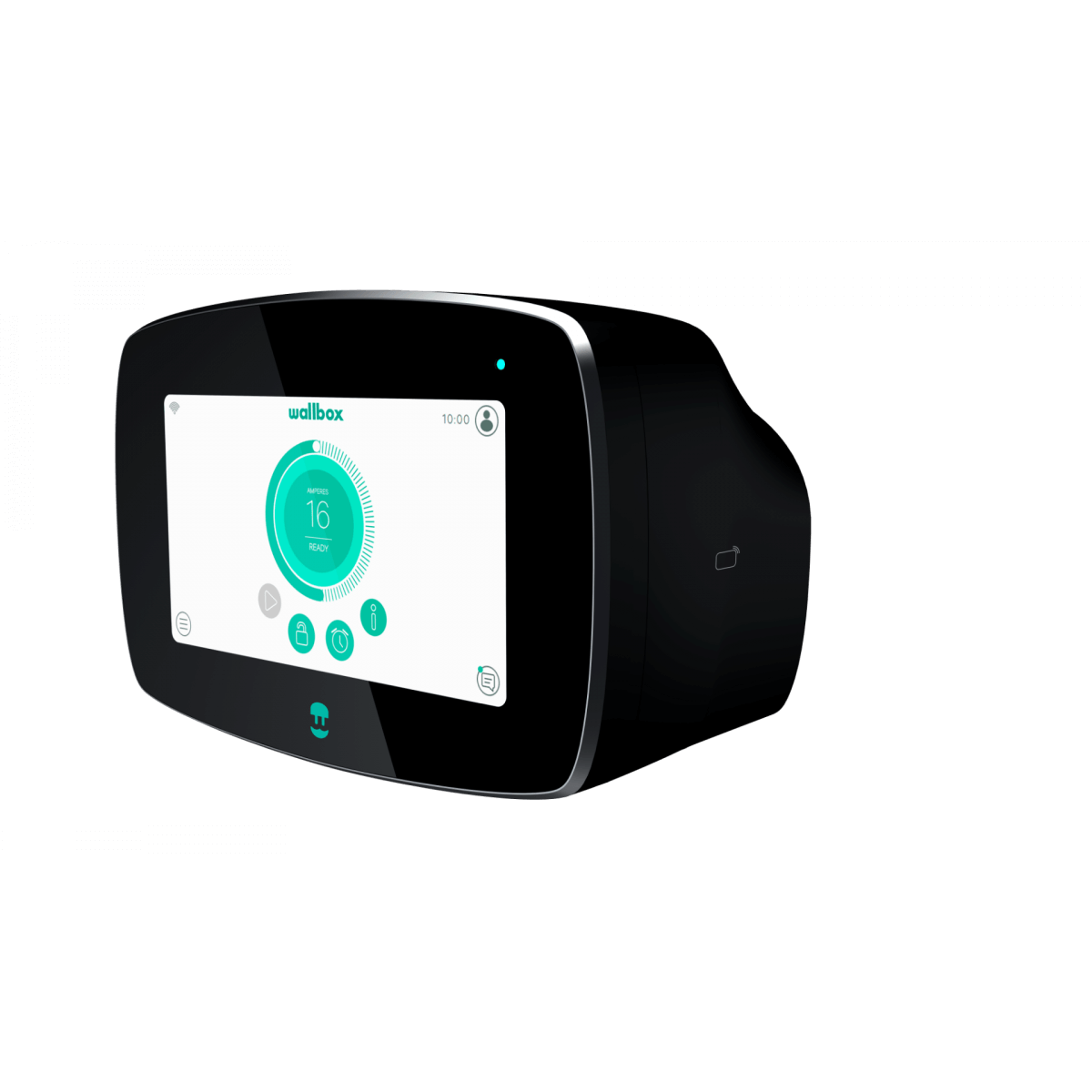De Wallbox Commander 2: de laadpaal voor elke EV met type 2 aansluiting heeft een strak zwart ontwerp, touchscreen met info zoals "16 NOV" en verlichte indicator. Hiermee wordt elektrisch laden eenvoudig en stijlvol.