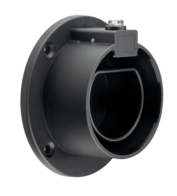 Een zwarte cilindervormige Kabelhouder type 2 laadkabel EV heeft een vlakke montagevoet met schroefgaten en een vierkante connector aan de bovenkant, ontworpen voor het opbergen van laadkabels voor EV's, afgebeeld tegen een witte achtergrond.
