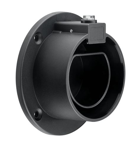 Een zwarte cilindervormige Kabelhouder type 2 laadkabel EV heeft een vlakke montagevoet met schroefgaten en een vierkante connector aan de bovenkant, ontworpen voor het opbergen van laadkabels voor EV's, afgebeeld tegen een witte achtergrond.