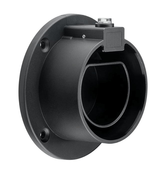 Een zwarte cilindervormige Kabelhouder type 2 laadkabel EV heeft een vlakke montagevoet met schroefgaten en een vierkante connector aan de bovenkant, ontworpen voor het opbergen van laadkabels voor EV's, afgebeeld tegen een witte achtergrond.