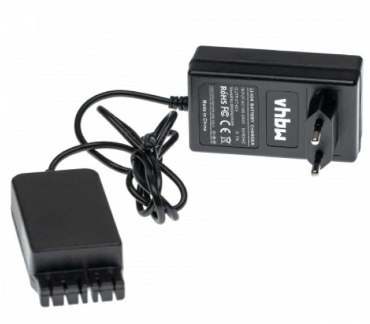 Een zwarte Vervangende Acculader voor Hilti 36V Li-Ion met een tweepolige stekker en kabel, afgebeeld naast een rechthoekige accu met connectorsleuven; compatibel met Hilti B36, 418009 Accu's voor TE6-A36, TE 30-A36 & ander 36V gereedschap.