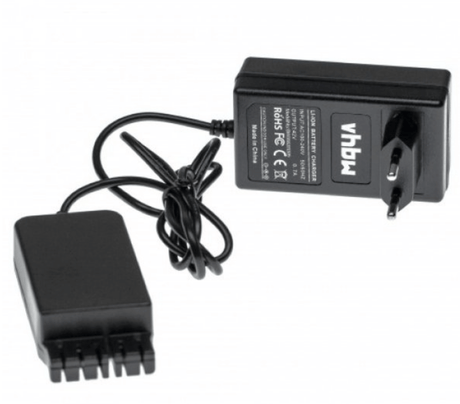 Een zwarte Vervangende Acculader voor Hilti 36V Li-Ion met een tweepolige stekker en kabel, afgebeeld naast een rechthoekige accu met connectorsleuven; compatibel met Hilti B36, 418009 Accu's voor TE6-A36, TE 30-A36 & ander 36V gereedschap.