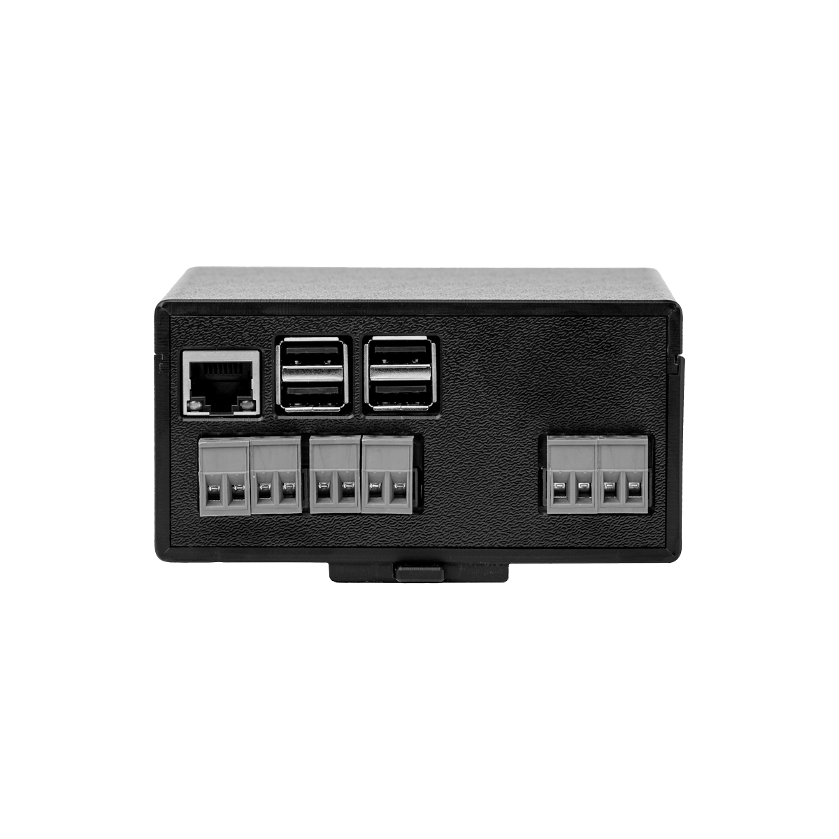 De Charge Amps Amp Guard - Thuis 100 A is een zwart elektronisch apparaat met vier USB-poorten, een Ethernet-poort en vier aansluitblokaansluitingen voor laadpaalbeveiliging en optimale belasting, afgebeeld tegen een witte achtergrond.