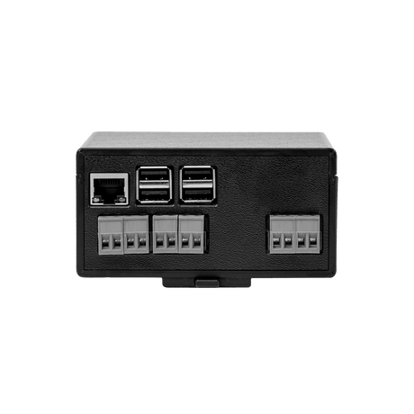 De Charge Amps Amp Guard - Thuis 100 A is een zwart elektronisch apparaat met vier USB-poorten, een Ethernet-poort en vier aansluitblokaansluitingen voor laadpaalbeveiliging en optimale belasting, afgebeeld tegen een witte achtergrond.