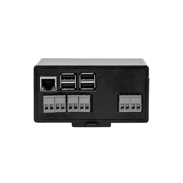 De Charge Amps Amp Guard - Thuis 100 A is een zwart elektronisch apparaat met vier USB-poorten, een Ethernet-poort en vier aansluitblokaansluitingen voor laadpaalbeveiliging en optimale belasting, afgebeeld tegen een witte achtergrond.