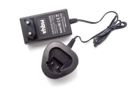 Een zwarte vervangende acculader voor Bosch, Dremel & Berner 10,8V/12V Li-Ion accu's (BAT411A, Dremel 875, B812-01), compatibel met 2 607 336 013/864 en Bosch Professional & Dremel gereedschap. Afgebeeld met los netnoer op witte ondergrond.