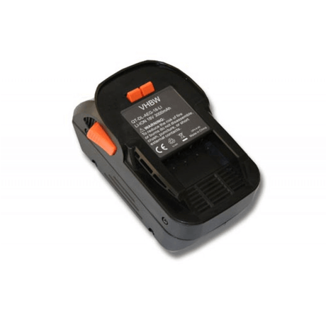 Een zwarte VHBW acculader voor AEG 18V gereedschap, met een oranje ontgrendelingsknop, van bovenaf gezien. Op het label staat informatie over het model en de veiligheid. Compatibel met Vervangende Accu voor AEG 18V Li-Ion (L1830R, L1840R) voor BS18G, BSB18G, Ridgid & Würth.