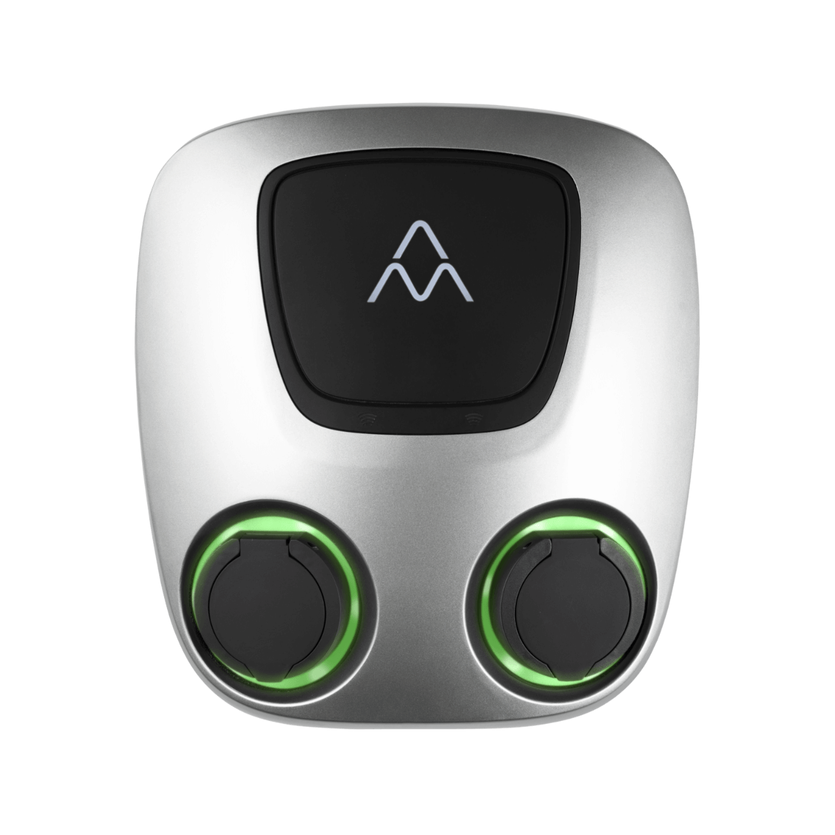 Een zilver-zwarte Laadstation Charge Amps Aura met Sim 2x22 kW 3-fase 32A bidirectionele voertuig-naar-net eenheid met twee ronde poorten omlijnd door groene lampjes en een wit logo bovenop.