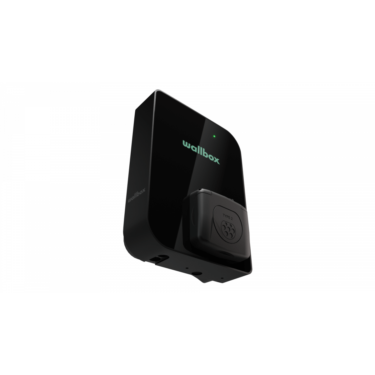 Een stijlvolle Laadstation Wallbox Copper SB 22kW type 2 aansluiting laadpaal met stekkerhouder, gemonteerd op een zwarte achtergrond. Het verlichte groene Wallbox-logo siert de voorkant van deze moderne oplader voor elektrische voertuigen.