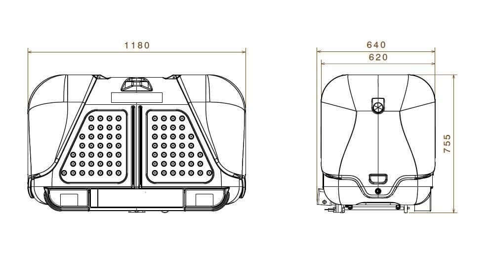 Technische lijntekening van de Te huur: Bagagebox trekhaakbox Trekhaakbox V2 390 liter voor elektrische auto, voor- en bovenaanzicht getoond met afgeronde hoeken, ventilatiegaten, en gelabelde afmetingen: 1180 mm breed, 640 mm diep, 755 mm hoog.