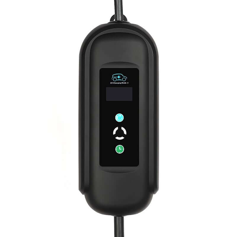 De Thuislader stopcontact type 2 3-fase 8A-16A 5,5kW-11kW voor elektrische auto is een gestroomlijnd zwart EV laadstation met digitaal display en auto-, pijl- en klokpictogrammen - ideaal voor thuisladen met krachtstroom type 2.