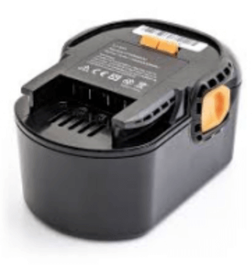 Deze zwarte vervangende Accu voor AEG Gereedschap 14.4V Ni-MH heeft oranje ontgrendelknoppen, een bovenzijde met specificatielabel en is compatibel met B1430R, B1440R, 4935413106 en Würth gereedschap.