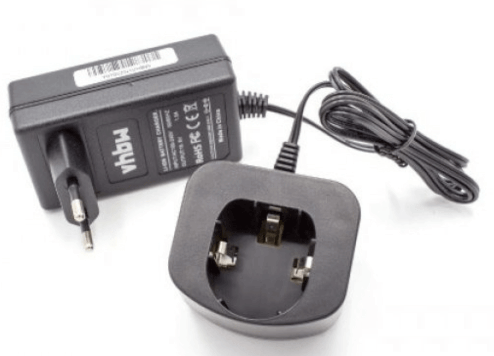 Een zwarte vervangende acculader voor Ryobi 14,4V Li-Ion Lader Type 2 met Europese stekker en verwisselbare plug, opgerolde kabel, op witte achtergrond. Compatibel met BPL1414, 130171003 accu's en geschikt voor Ryobi 14.4V gereedschap.