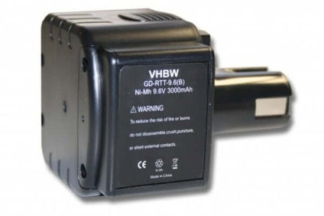 Een close-up van een VHBW 9,6V 3000mAh Ni-MH accu voor Max Rebar Tying Tool, vervanging compatibel met RB215, RB315, RB392, RB395 en RB215-NiMH; toont waarschuwinglabels en productspecificaties.