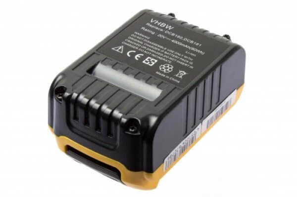 Een oplaadbare DeWalt 20V Li-Ion accu - vervangt DCB182, DCB183, in zwart en geel met een label met specificaties, veiligheidspictogrammen en barcode, weergegeven op een witte achtergrond.