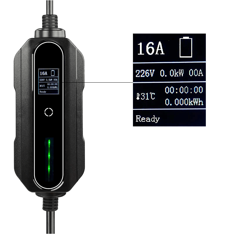 Thuislader stopcontact type 1 (1-fase, 6A-16A, 1,3kW-3,6kW) voor elektrische auto; zwart met digitaal display dat laadstroom (16A), spanning (226V), laadstatus en temperatuur (31°C) toont. Groene lampjes geven stroomvoorziening aan.