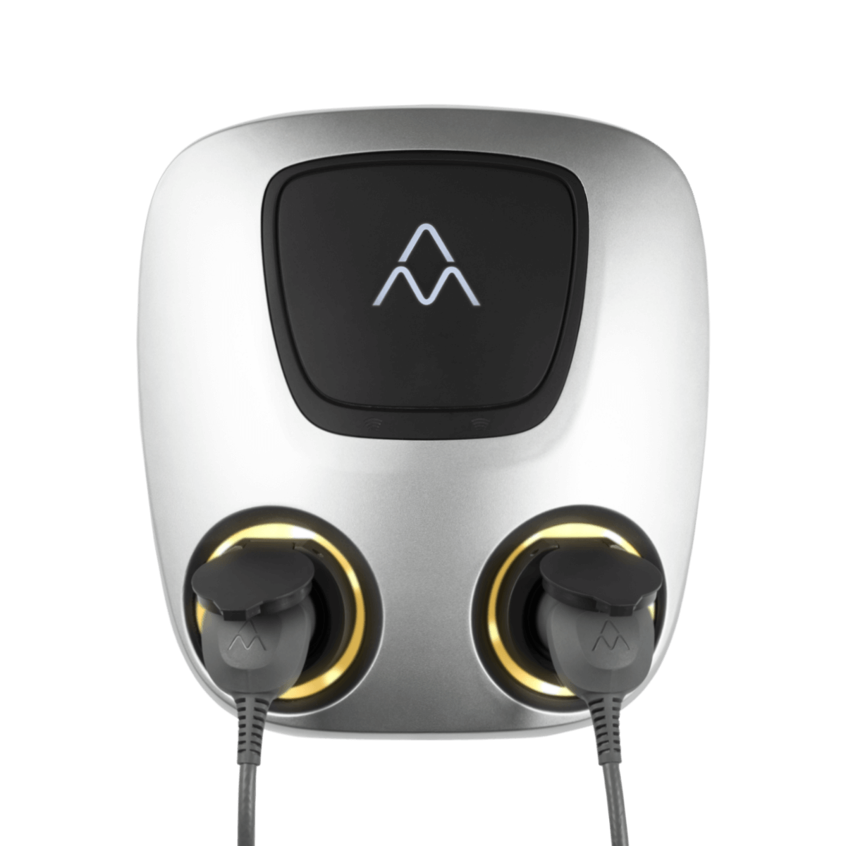 De Laadstation Charge Amps Aura met Sim 2x22 kW 3-fase 32A bi-directioneel voertuig naar net is een zilverzwarte wandoplader voor EV's met twee stekkers, gele lichtringen en een oplichtend logo in het midden bovenaan.