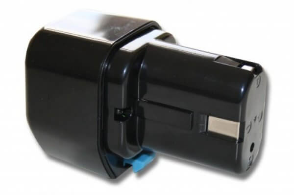 Een zwarte, rechthoekige Hitachi 7.2V Ni-MH vervangende accu met afgeronde hoeken en een blauwe ontgrendelingsclip onderaan, compatibel met EB712S, EB714S, EB715S, 325292 en geschikt voor Hitachi & Hikoki 7.2V gereedschap.