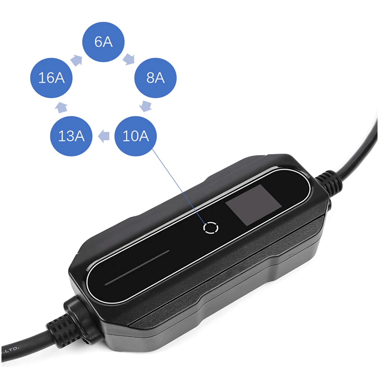 Een zwarte Thuislader stopcontact type 1 1-fase (6A-16A, 1,3kW-3,6kW) voor elektrische auto is te zien. Boven het apparaat geeft een klokpatroon met iconen de instelbare laadvermogens weer: 6A, 8A, 10A, 13A en 16A.