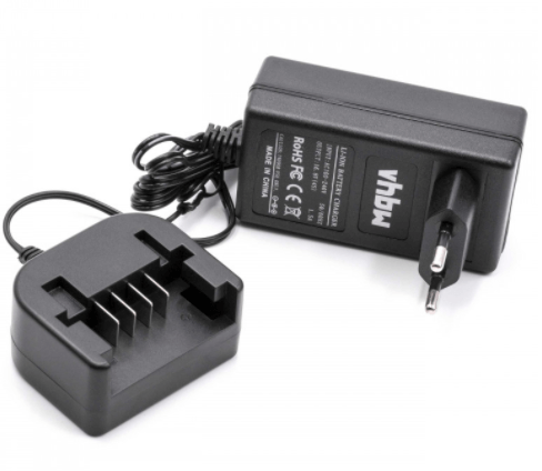 Een zwarte Vervangende Acculader voor Black & Decker 14,4V Li-Ion Lader met een tweepolige stekker en oplaaddock, beide met korte snoeren, wordt weergegeven op een witte achtergrond. Geschikt voor BL1514, BL1314, LB16 accu's en Black & Decker 14,4V gereedschap.