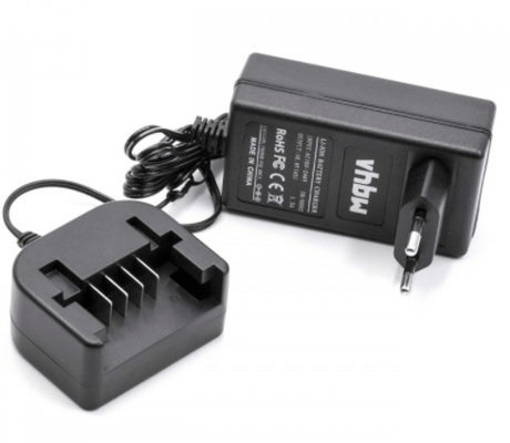 Een zwarte Vervangende Acculader voor Black & Decker 14,4V Li-Ion Lader met een tweepolige stekker en oplaaddock, beide met korte snoeren, wordt weergegeven op een witte achtergrond. Geschikt voor BL1514, BL1314, LB16 accu's en Black & Decker 14,4V gereedschap.