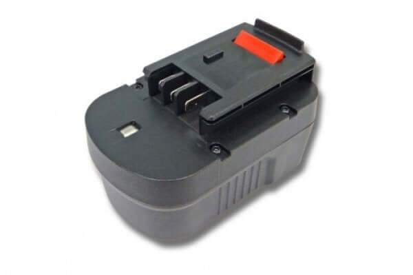 Een zwarte 3300mAh Ni-MH accu voor Black & Decker 14,4V (vervangend), met metalen connectoren en rode ontgrendelknop, compatibel met A14, A14F, HPB14 batterijen en Firestorm FS140BX/HPD14K-2 gereedschap.